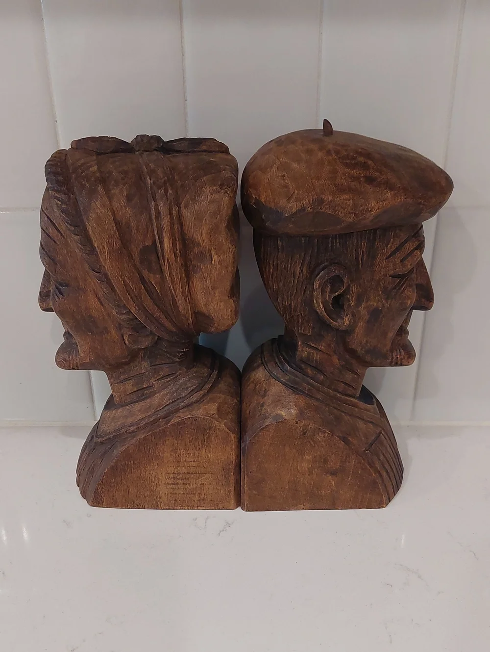 Hand Carved J. Alberdi Wooden Couple Bust Sculptures/Bookends